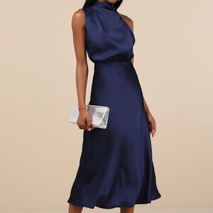 Lulus Distinctive Charm Navy Satin Asymmetrical Midi Dress Blue - Size XS